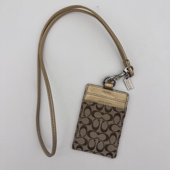 Coach Signature ID Badge Holder Lanyard Card Case Brown Gold Leather Canvas - Picture 1 of 11